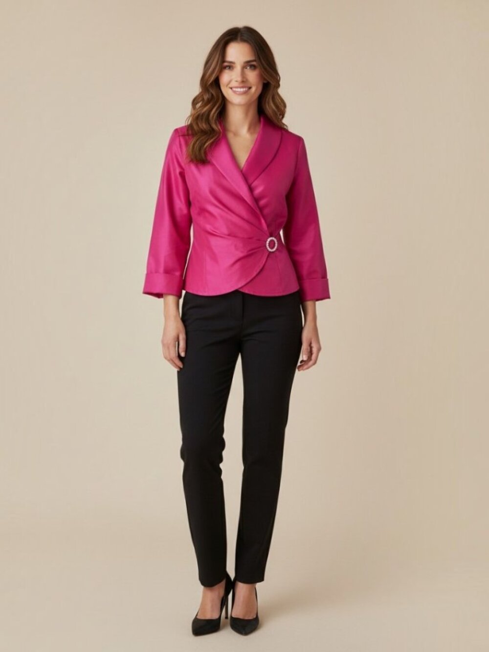 Talbots Hot Pink Faux Wrap Taffeta Blouse Jacket Rhinestone Buckle Petite 16 EUC